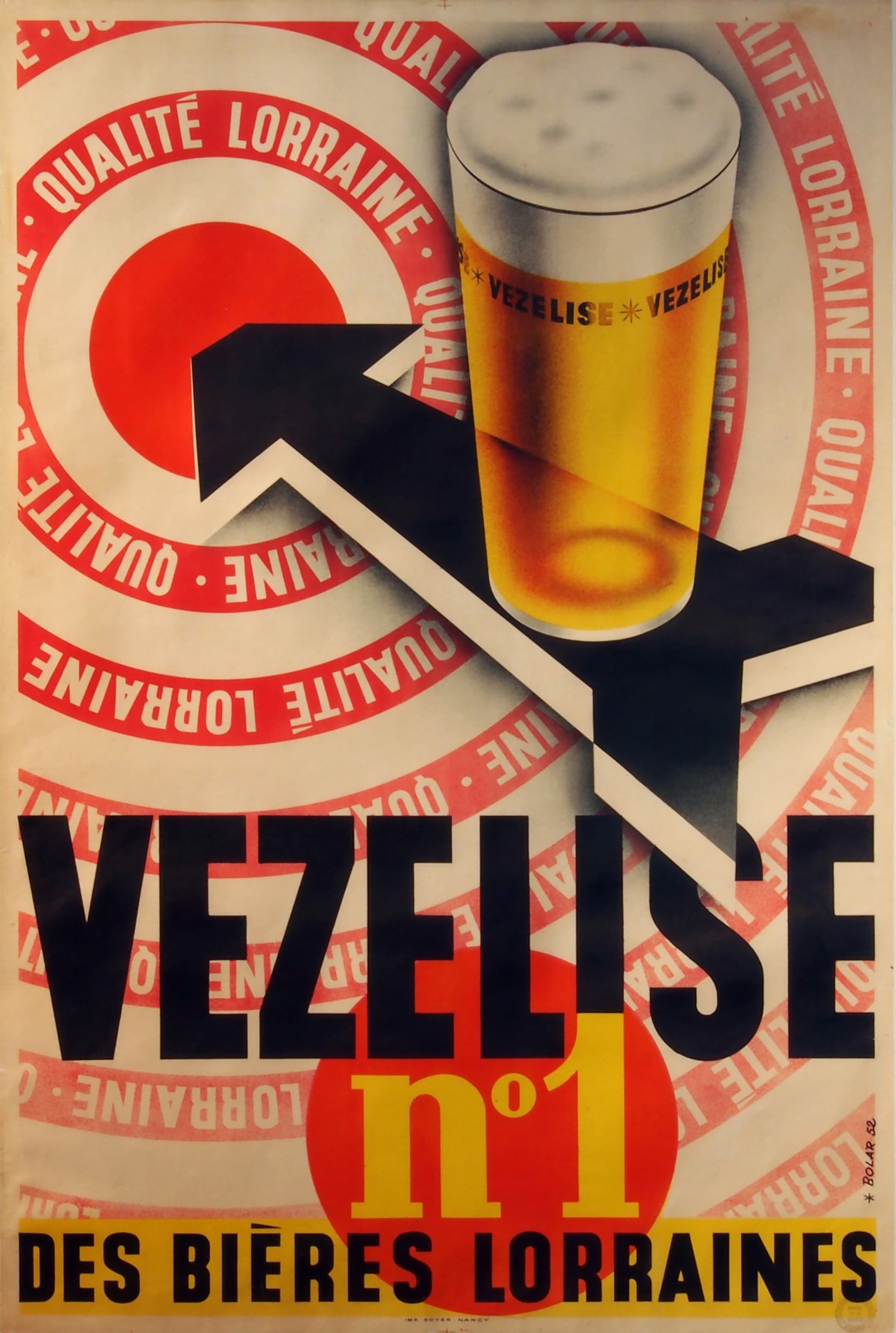 Vintage-style advertisement for Vezelise beer with a glass of beer and brand name.