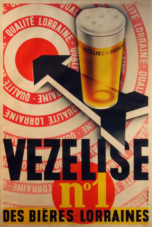 Vintage-style advertisement for Vezelise beer with a glass of beer and brand name.