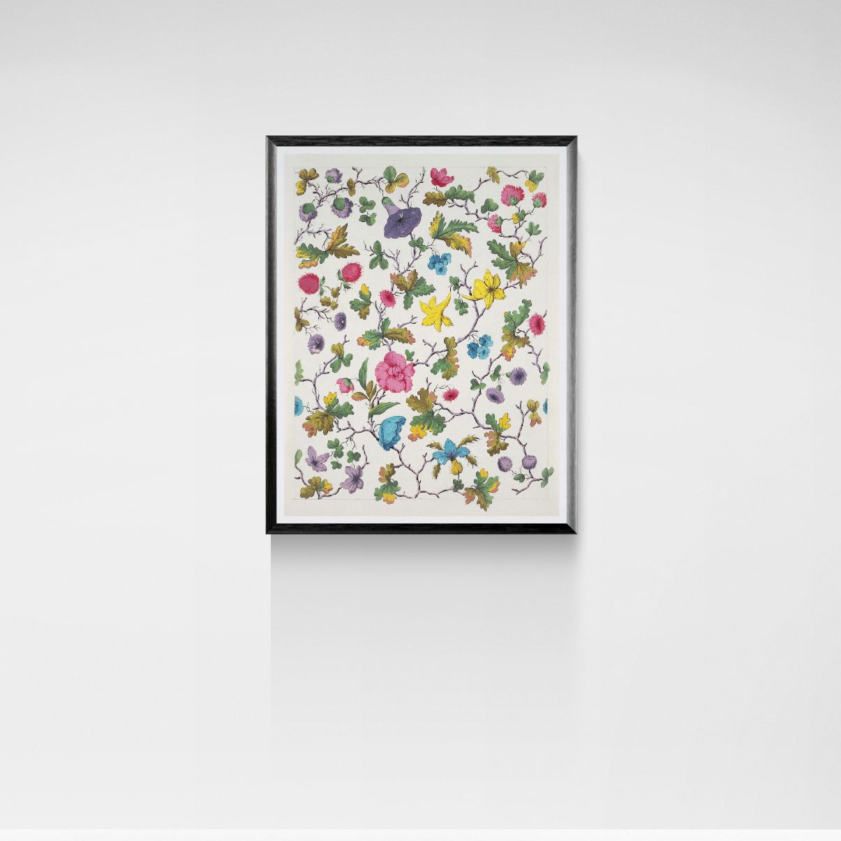 Framed artwork with colorful floral pattern on a white background