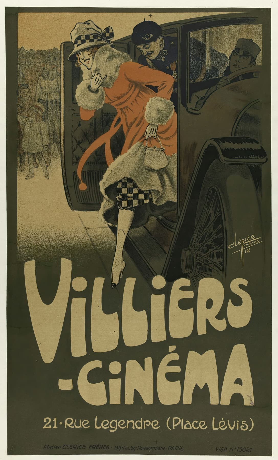 High quality Giclée reproduction of Clérice Frères' 1918 Villiers Cinéma poster, showing an elegant woman exiting a car, French Belle Époque fashion style.