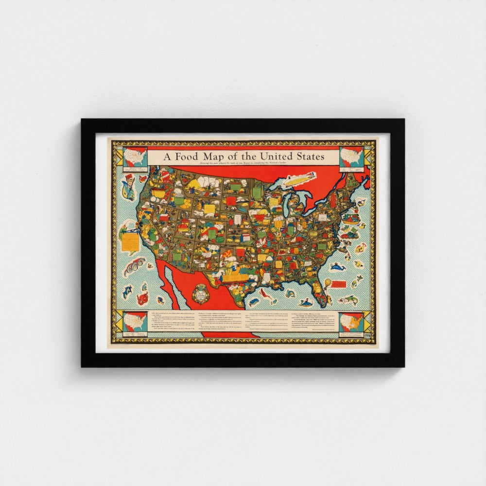 Framed map of the United States with food-themed design on a white wall.