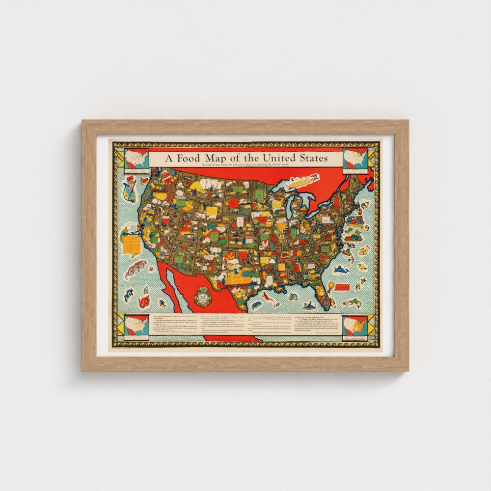 Framed map of the United States with food icons on a white background