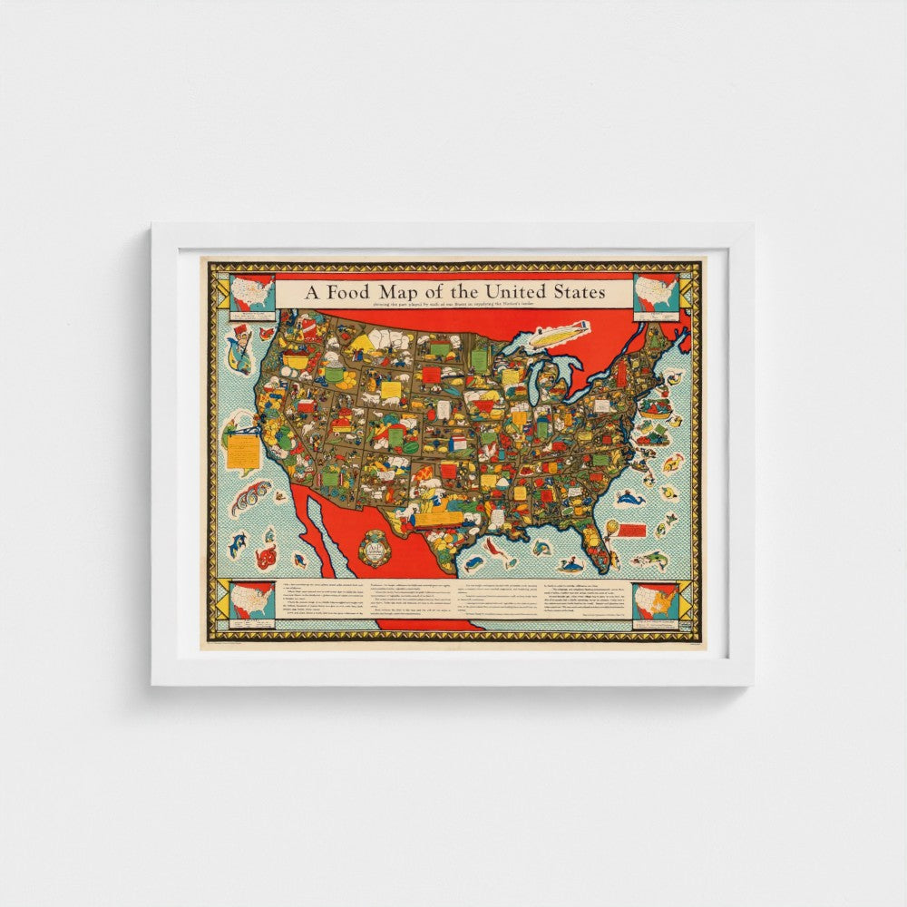 Framed map of the United States with food-themed design on a white background