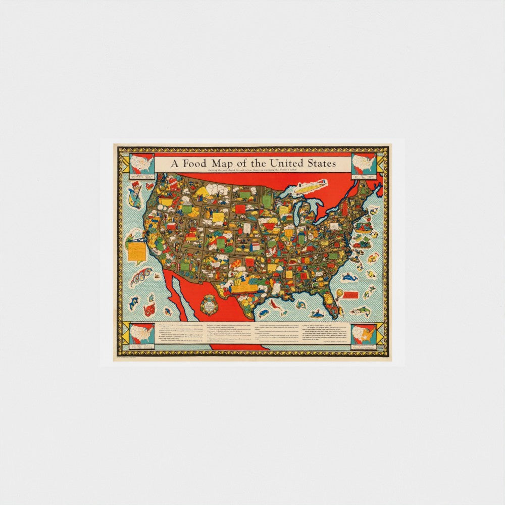 Map of the United States with various food items depicted on a white background