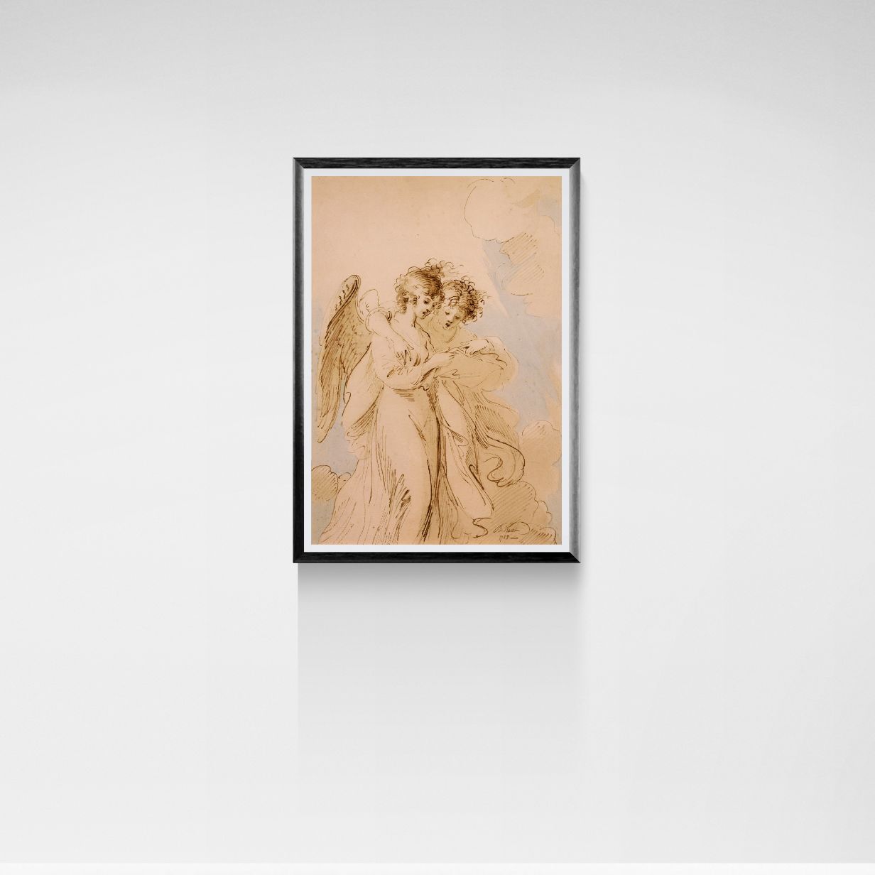 Framed artwork of an angel on a white wall