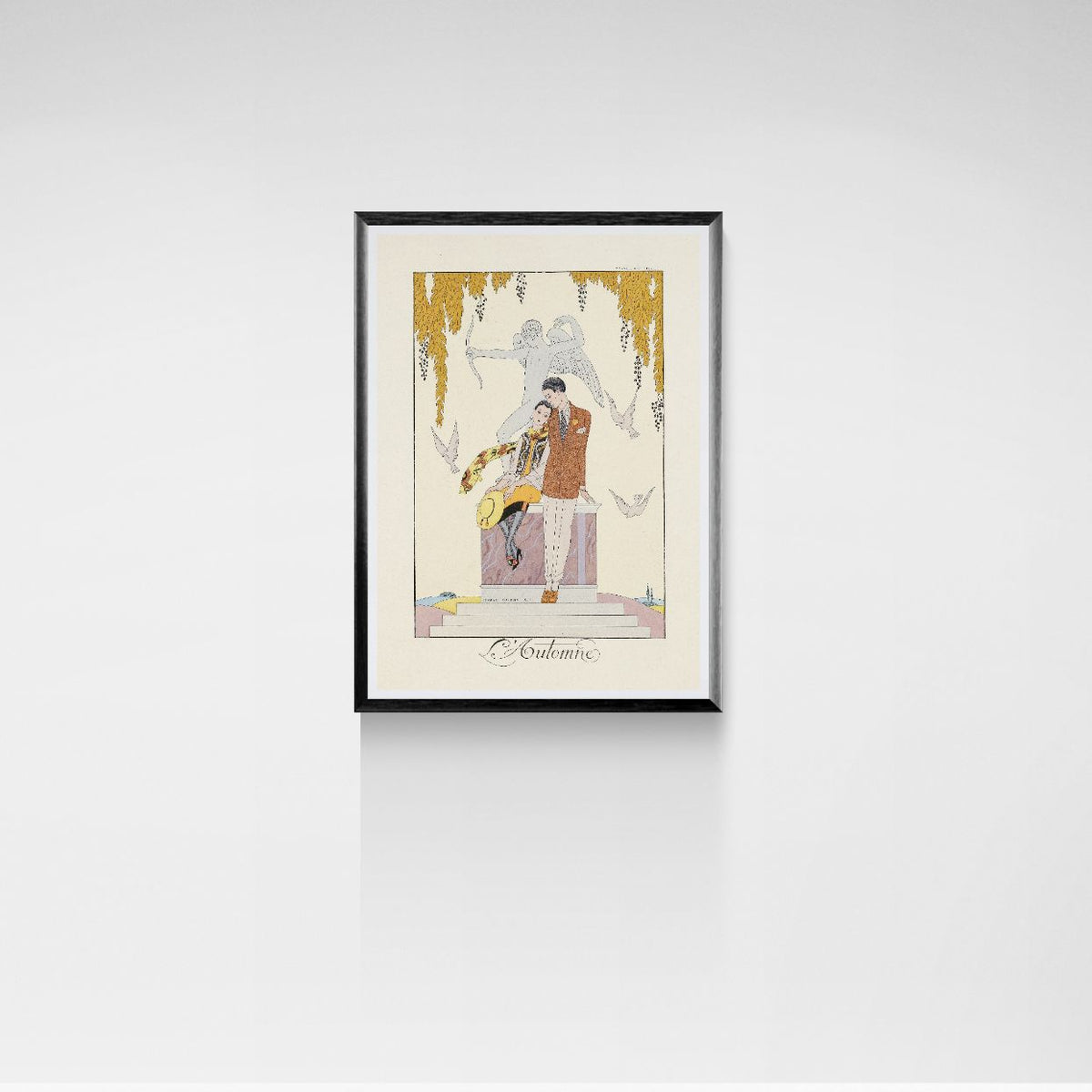 Framed artwork of a man and woman embracing on a pedestal against a white background