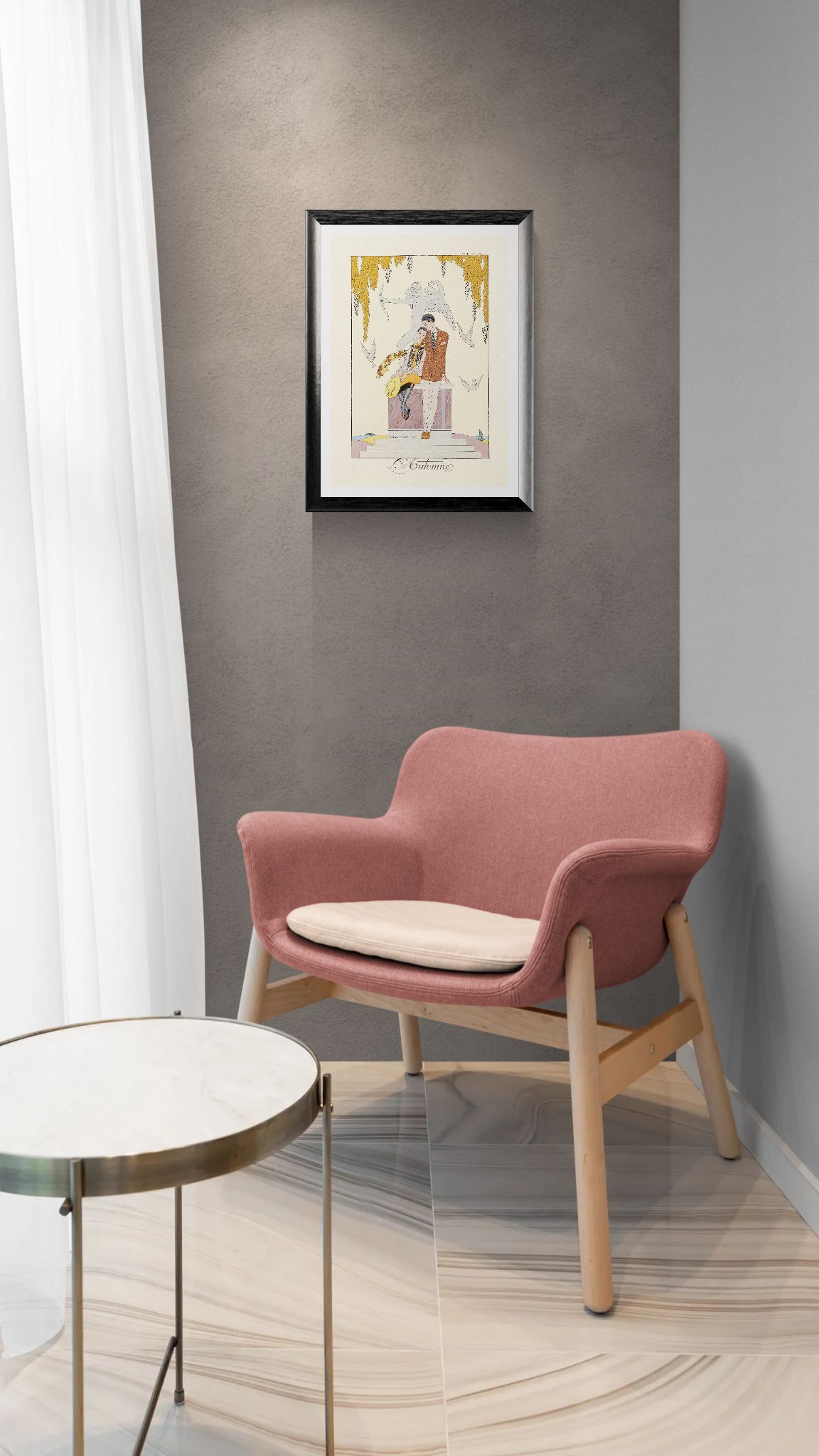 Pink armchair with wooden legs in a room with a framed picture on the wall.