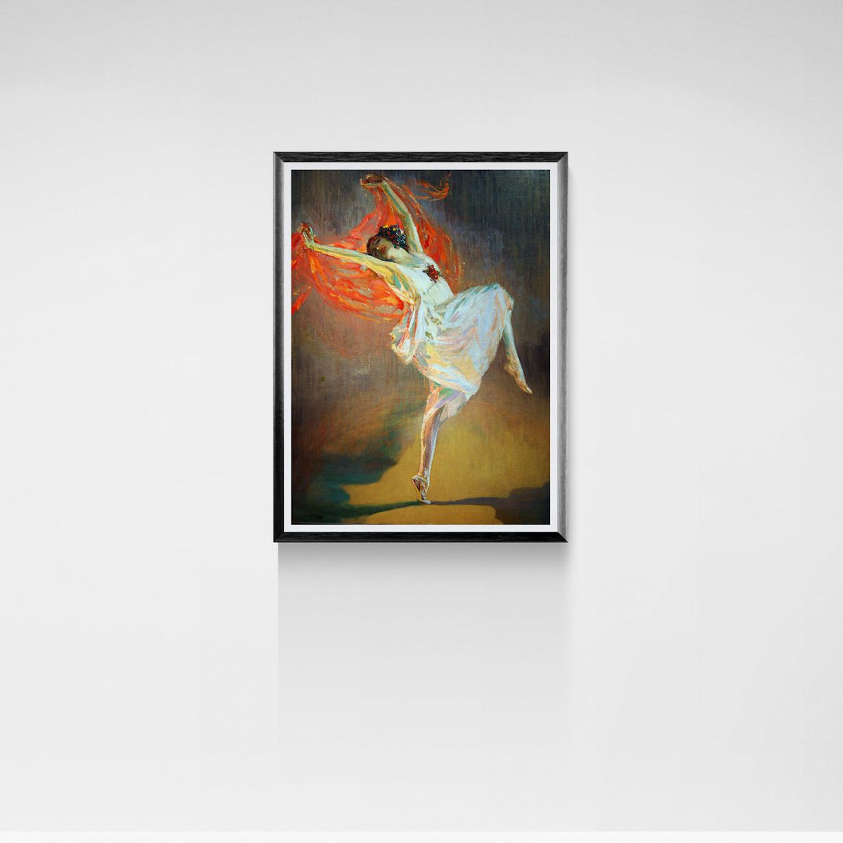 Framed painting of a dancer with a fiery background on a white wall