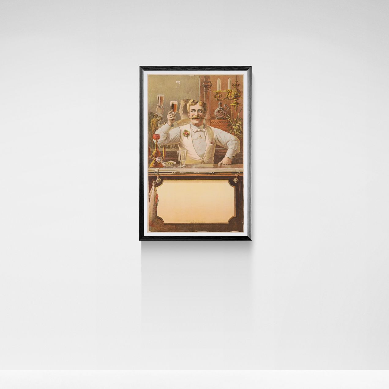 Framed vintage-style poster of a bartender on a white wall