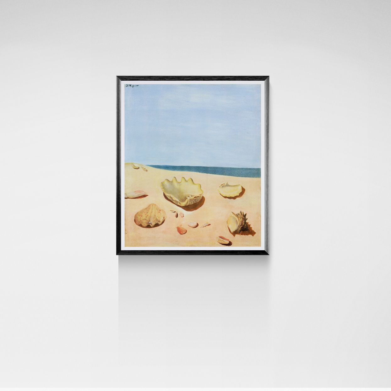 Framed artwork of seashells on a sandy beach with a blue sky.