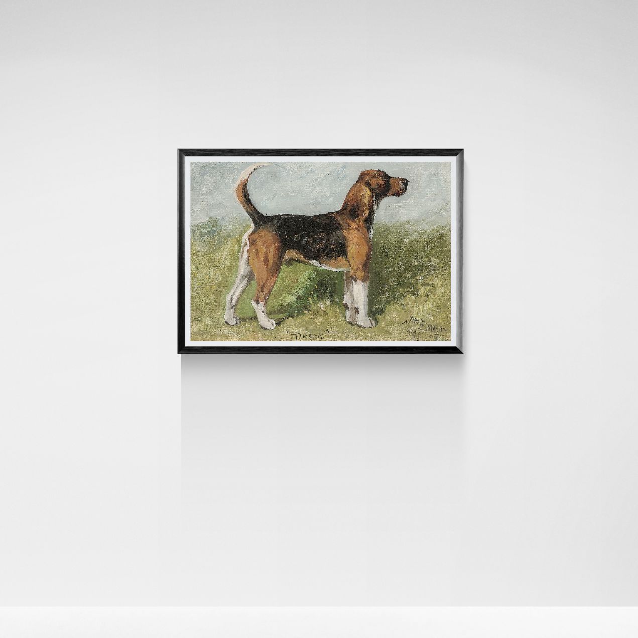 Framed artwork of a beagle dog on a white wall