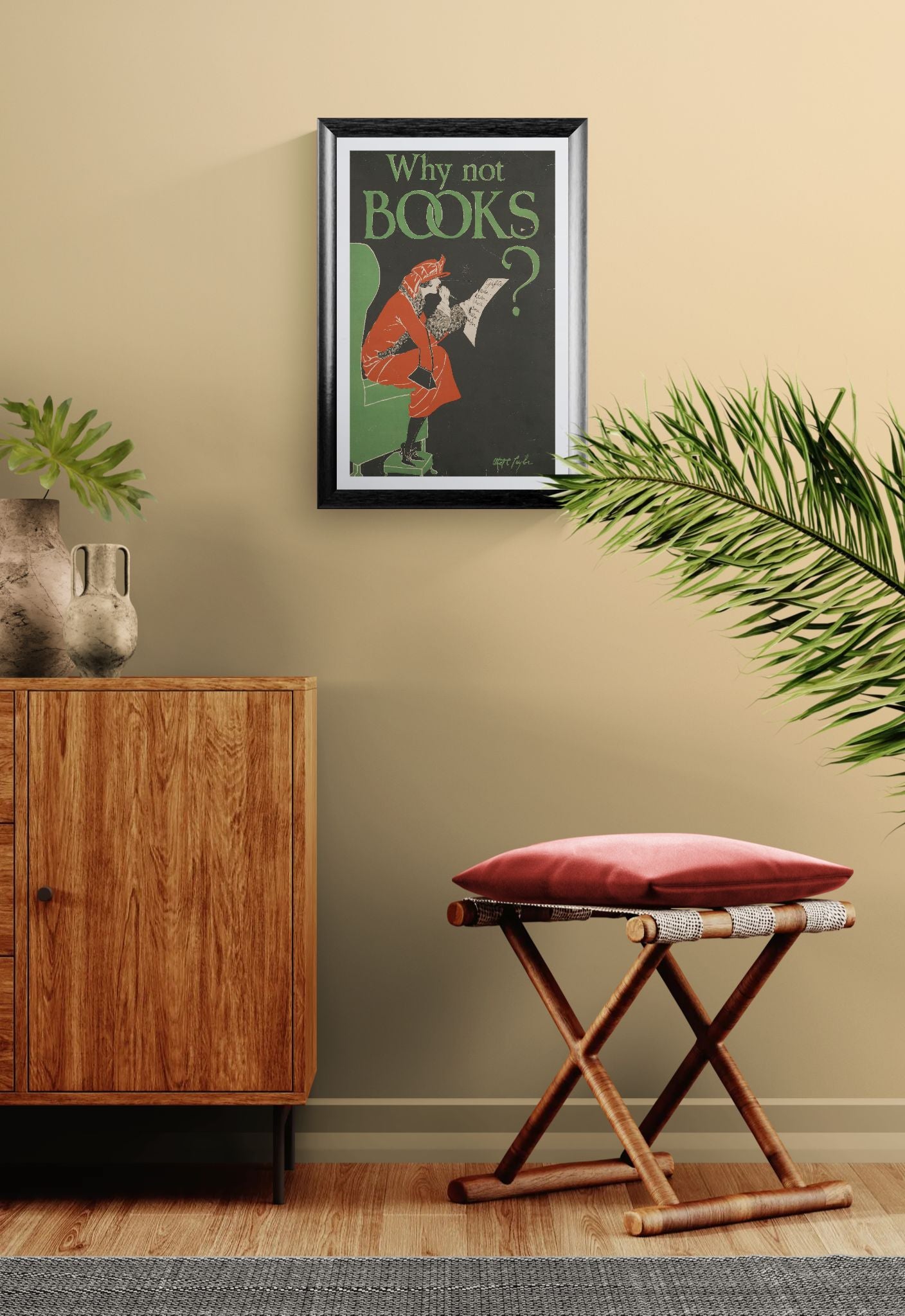 Framed poster on a wall with a wooden cabinet and stool below.