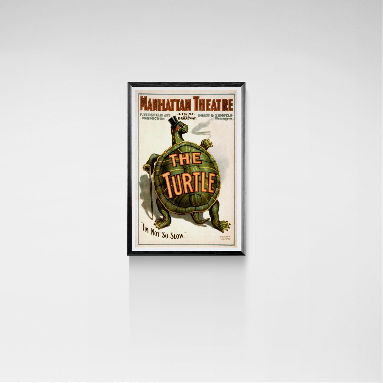 Framed poster of 'The Turtle' at the Manhattan Theatre on a white wall