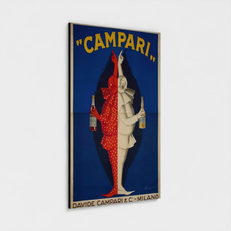 A vertical framed vintage-style poster reading "CAMPARI" with two stylized figures split down the middle, one red and one white, each holding a bottle, on a light gray background.
