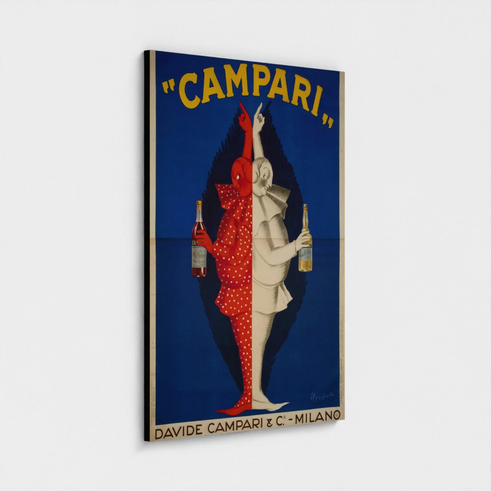 A vertical rectangular wall art print featuring a vintage-style Campari advertisement with a blue background, yellow 'CAMPARI' text, and a split figure in red and white holding bottles. The print is shown hanging against a light gray wall.