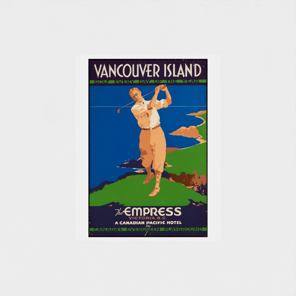 Vintage-style advertisement for Vancouver Island featuring a golfer on a golf course.