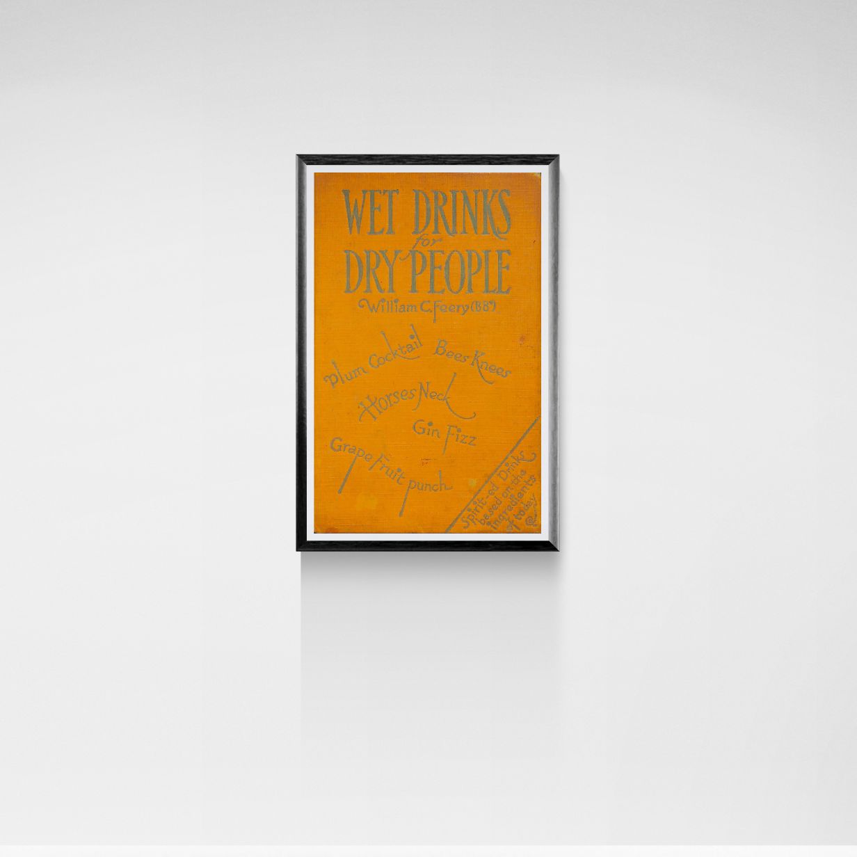 Framed poster with text on an orange background, mounted on a white wall.
