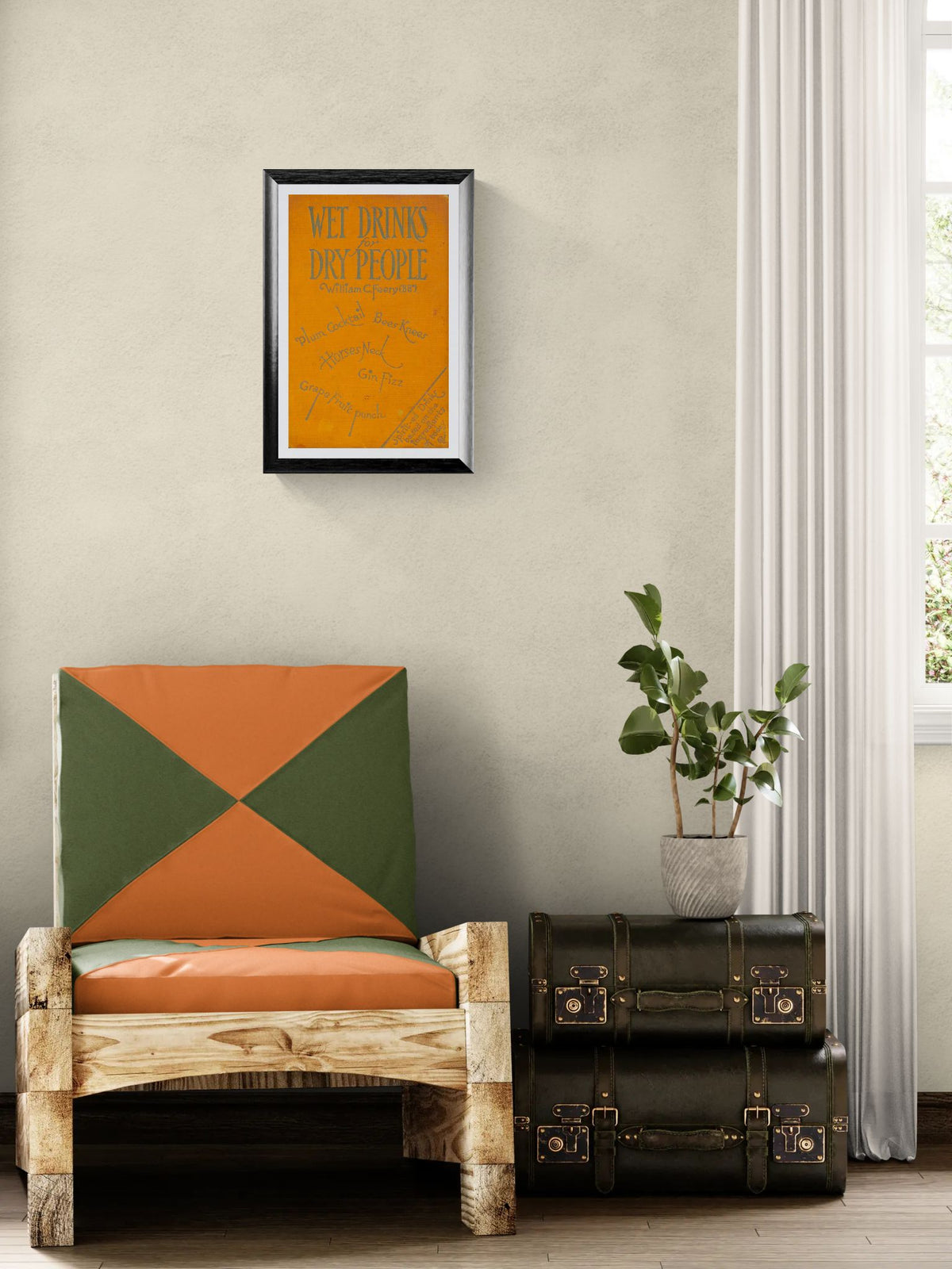 Chair with geometric cushion, framed artwork, and vintage suitcase in a room.