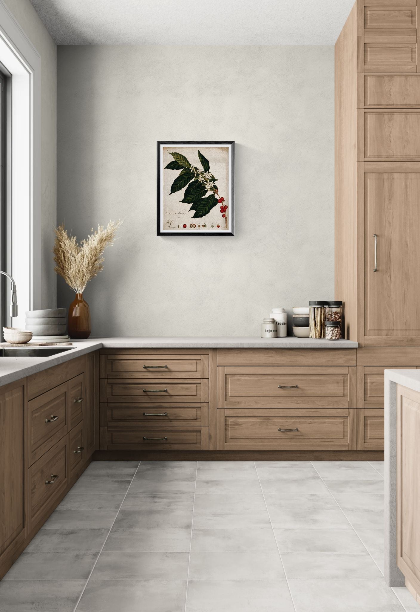 Modern kitchen with wooden cabinets, white walls, and a decorative plant on the counter.
