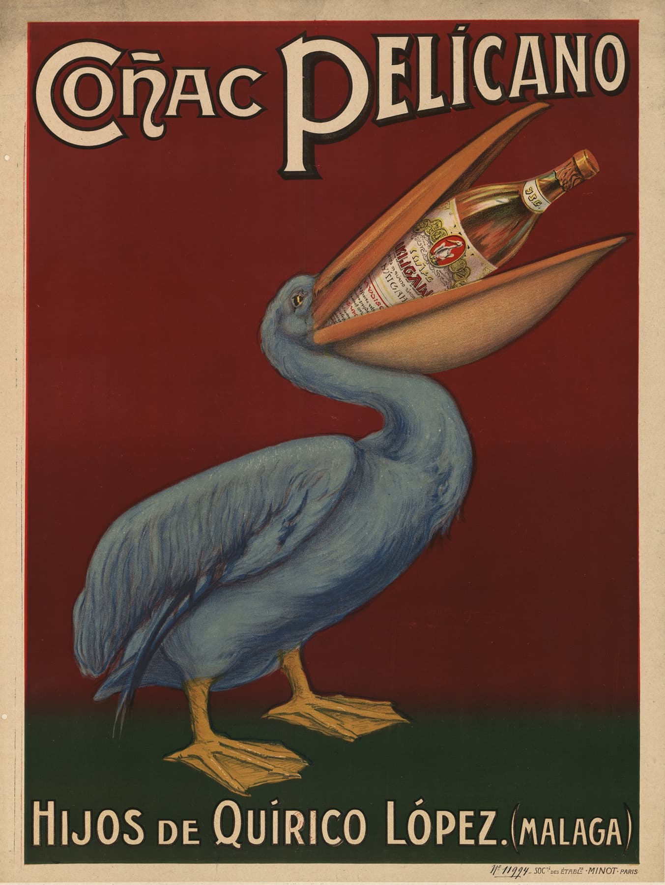 Vintage advertisement poster for Conac Pelicano featuring a pelican with a bottle.