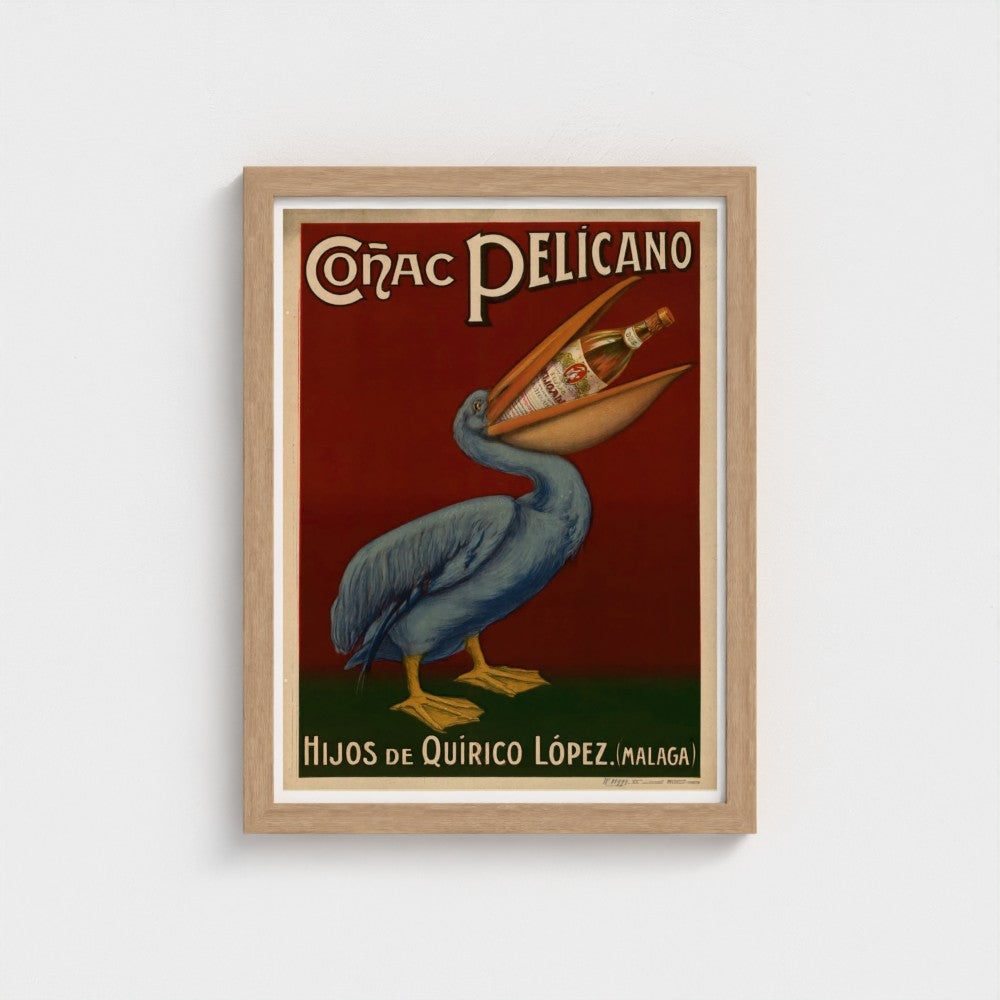 Framed vintage poster of a pelican with a bottle of Conac Pelicano on a red background.