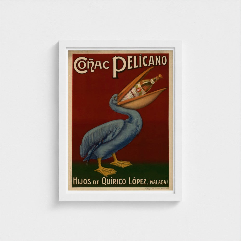 Vintage-style poster of a pelican holding a bottle with text 'Conac Pelicano' on a white background.