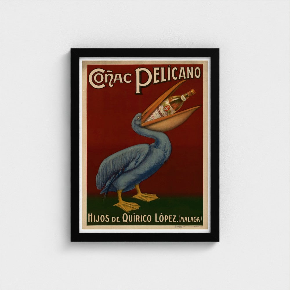 Framed vintage advertisement poster of a pelican with a bottle, on a white background.