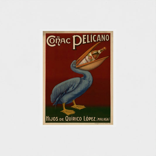Vintage Coçac Pelécano advertisement with a pelican holding a bottle on a red background.