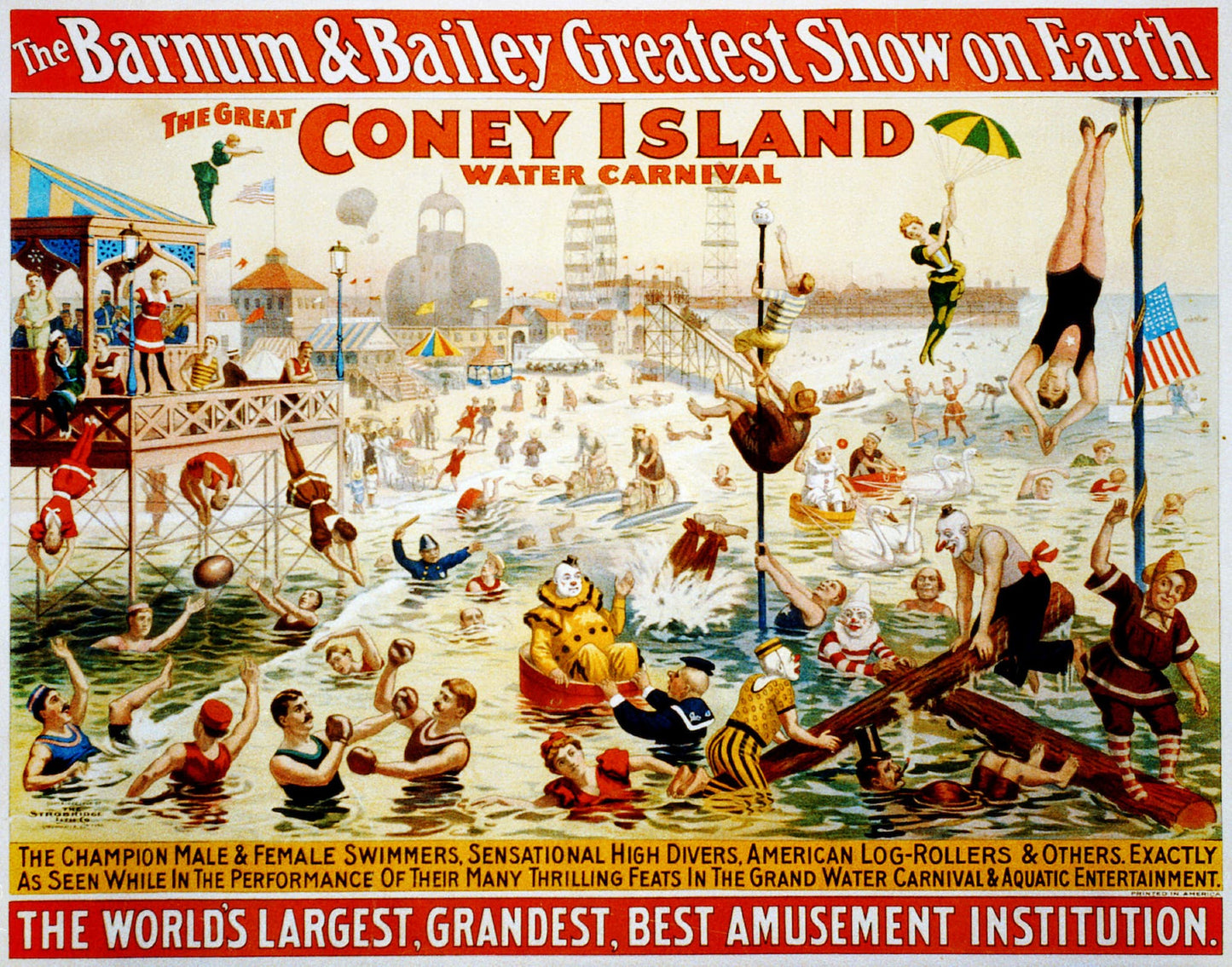 Vintage poster for the Barnum & Bailey Greatest Show on Earth featuring a water carnival at Coney Island.