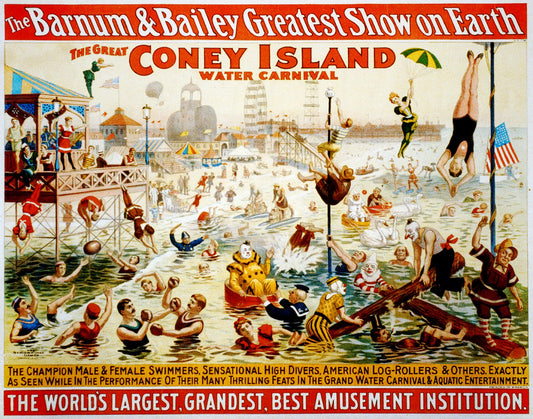 Vintage poster for the Barnum & Bailey Greatest Show on Earth featuring a water carnival at Coney Island.