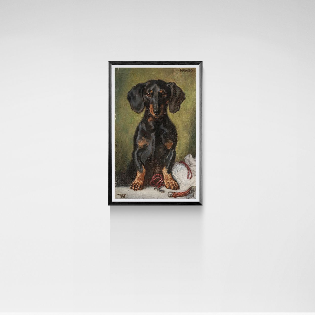Framed painting of a dachshund on a white wall