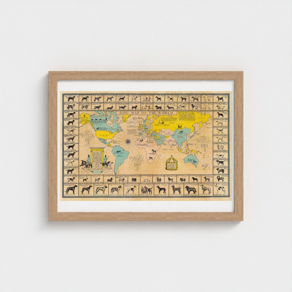 Framed world map with animal illustrations on a white wall