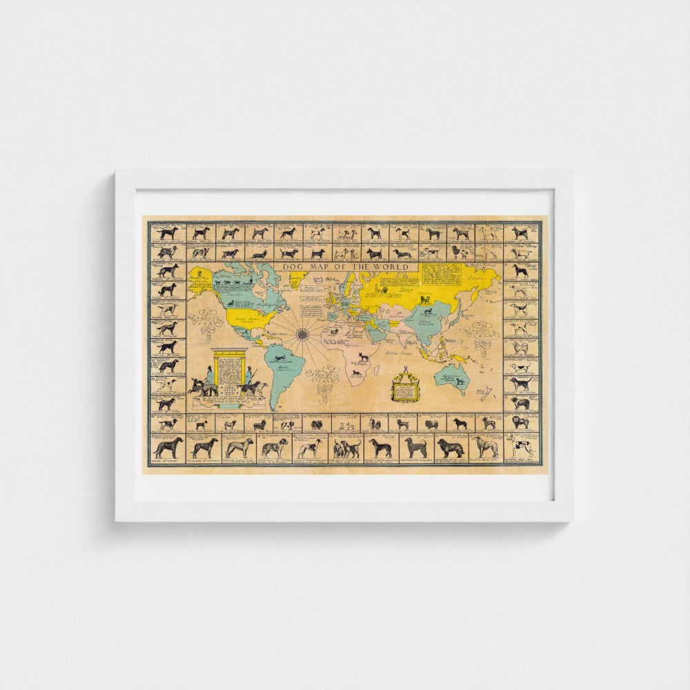 Framed world map poster with a white border on a light gray background