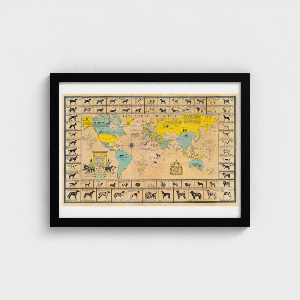 Framed world map poster with black frame on a light gray background