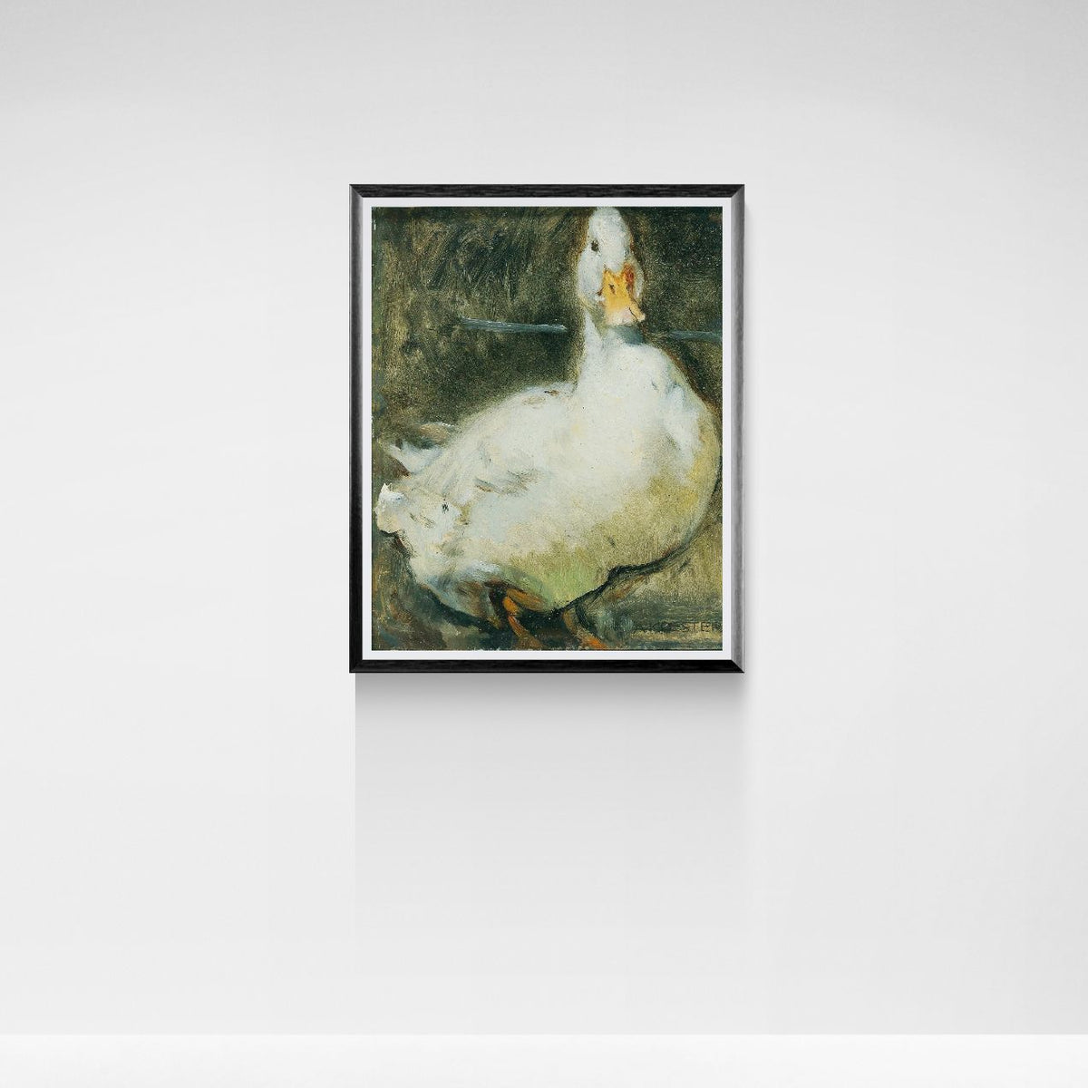 Framed artwork of a duck on a white wall