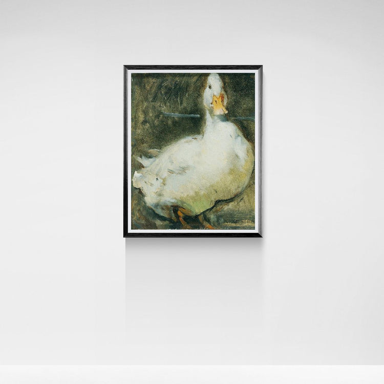 Framed artwork of a duck on a white wall