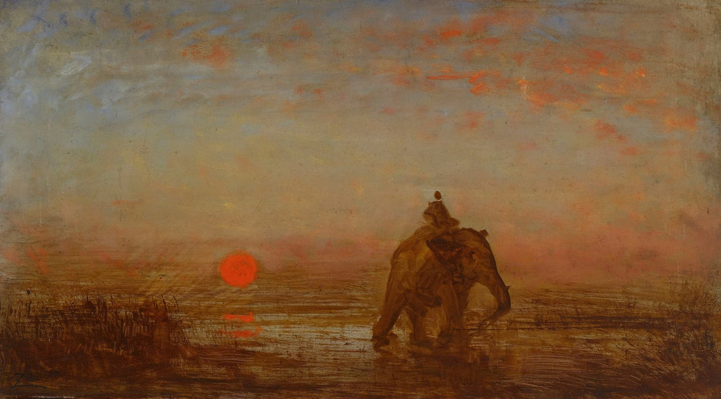 Painting of a person riding an elephant at sunset over water