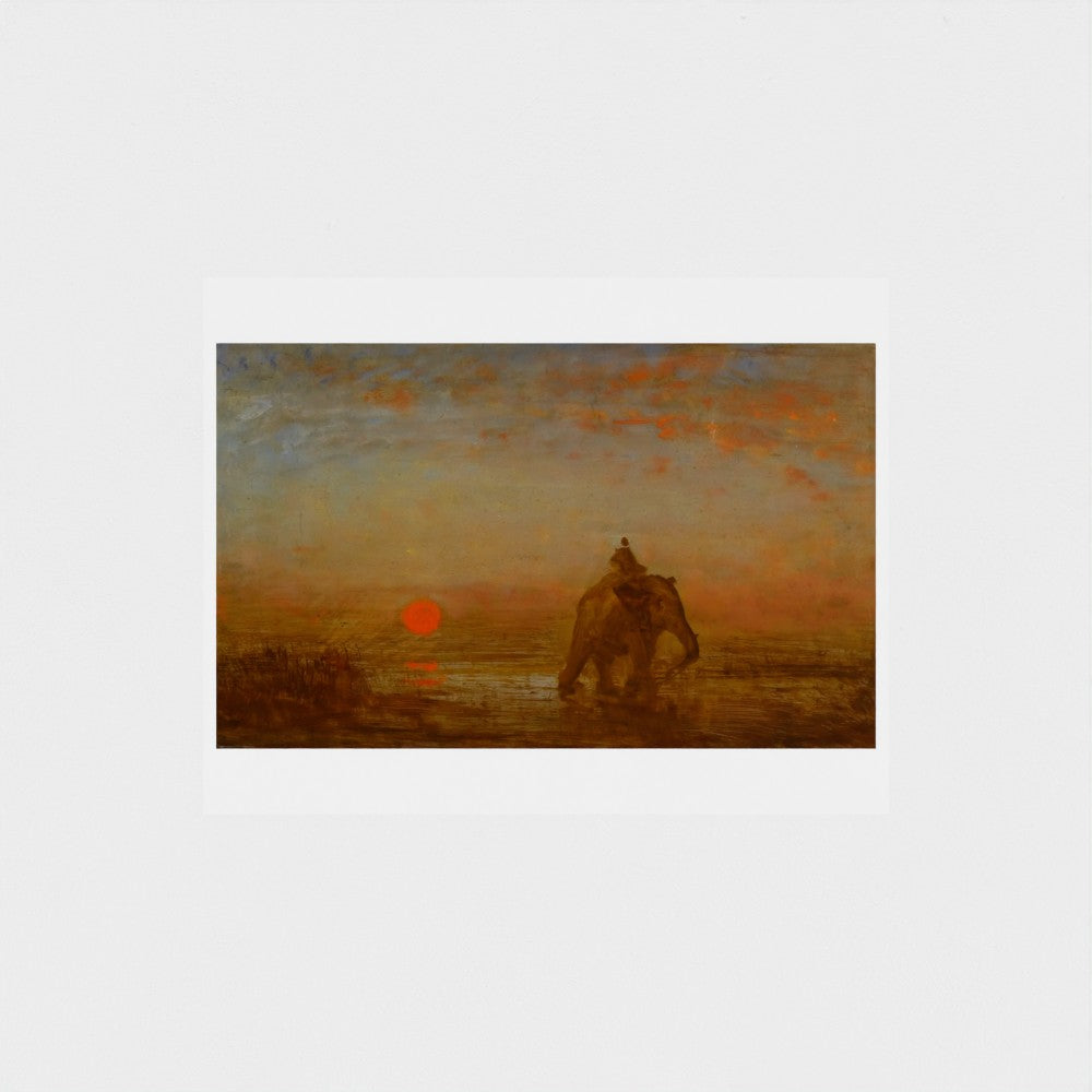 Painting of a sunset with a silhouette of a person on an elephant