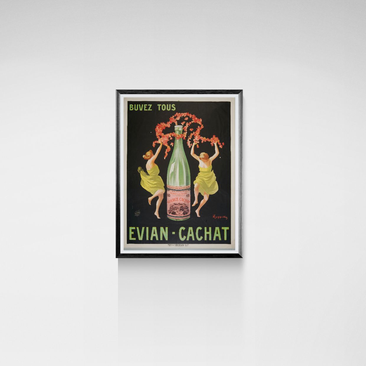 Vintage Evian Cachat advertisement poster with green bottle and cherubs on a white background