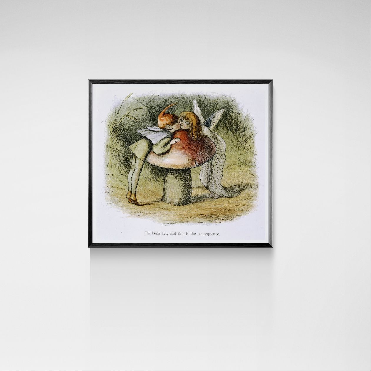 Framed artwork of two fairies on a mushroom against a white wall