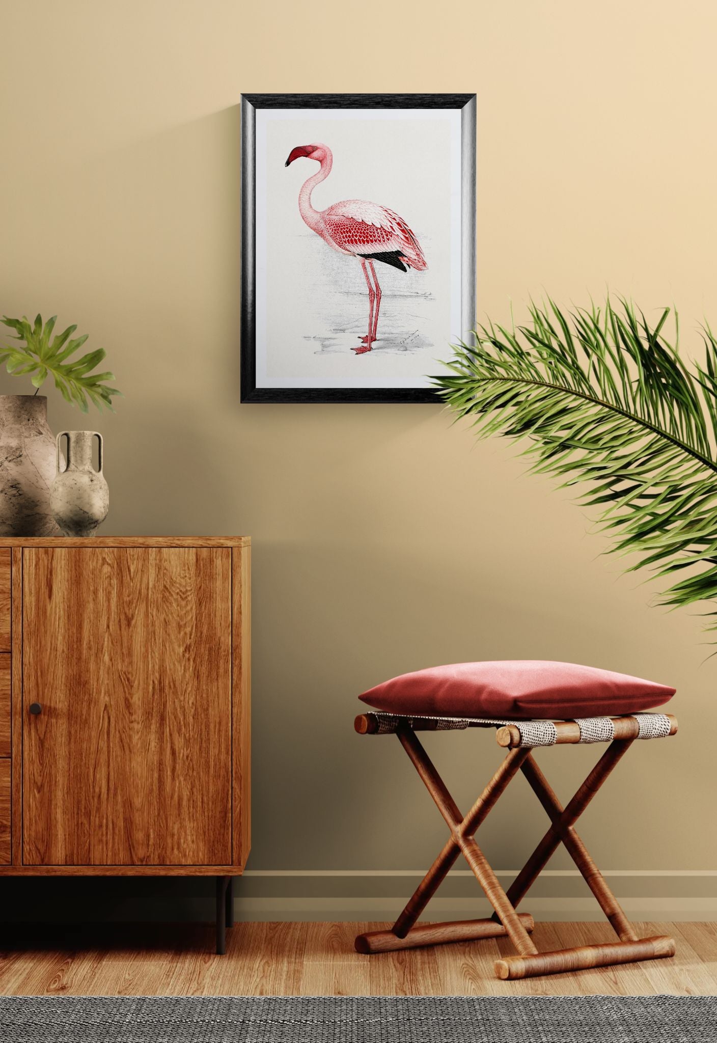 Flamingo artwork on a wall above a wooden cabinet with a red cushioned stool.