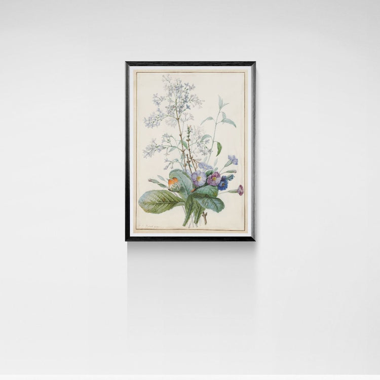 Framed botanical print of flowers on a white wall