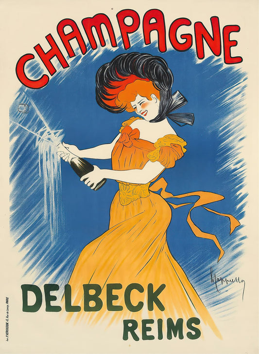 Vintage French Champagne poster advertisement for Delbeck in Reims featuring a woman in an orange dress opening a bottle of champagne.