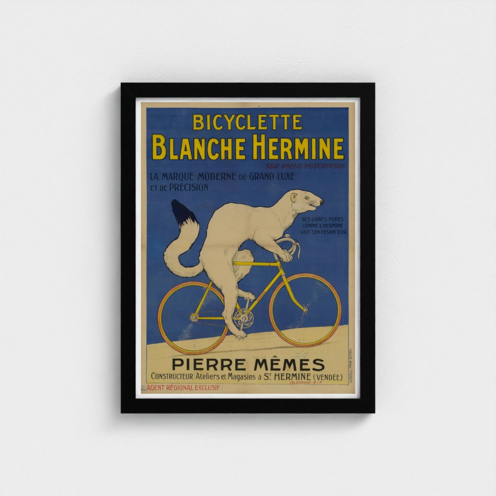 Vintage-style poster of a bicycle with text about Bicyclette Blanche Hermine.