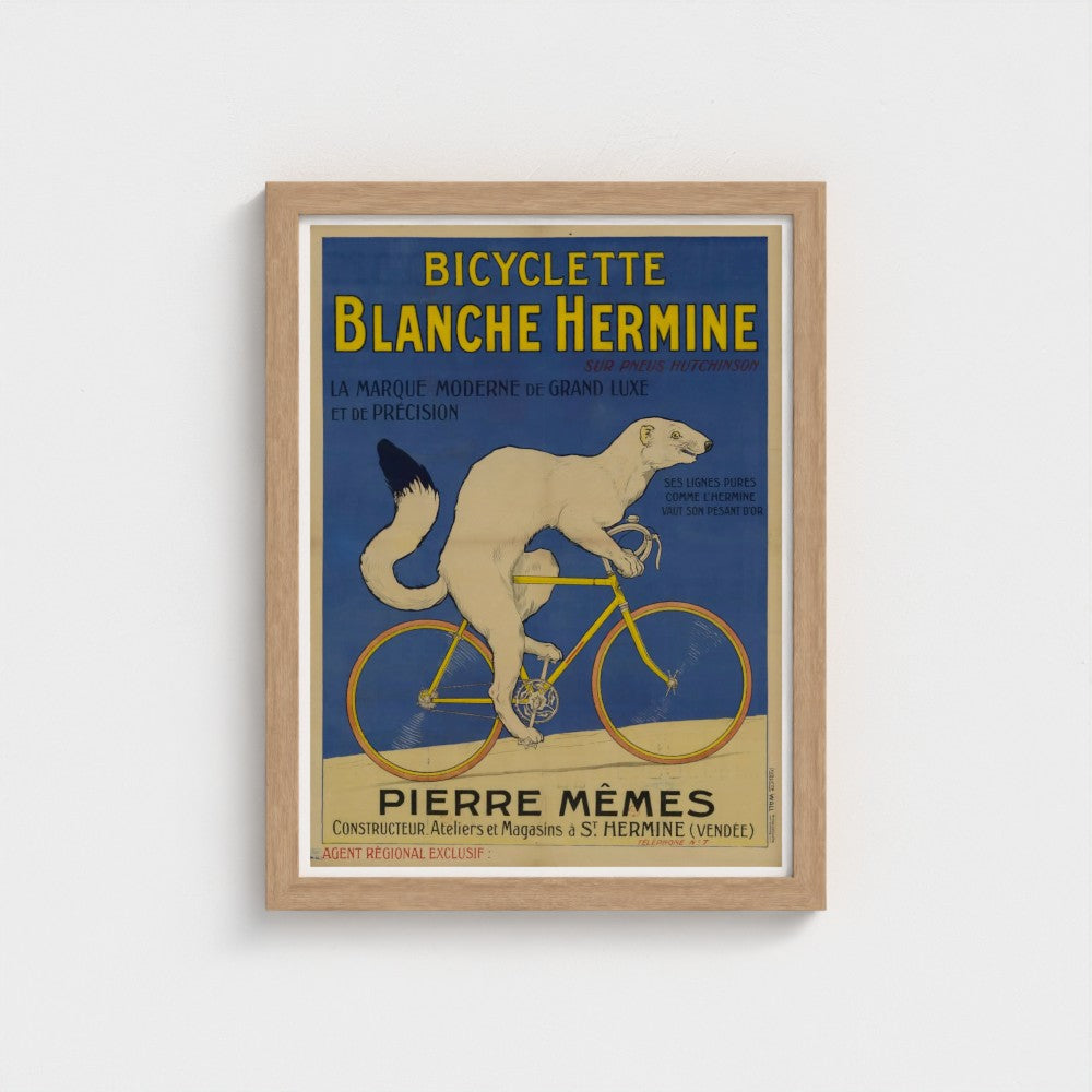 Vintage-style poster of a bicycle with text about Bicyclette Blanche Hermine.