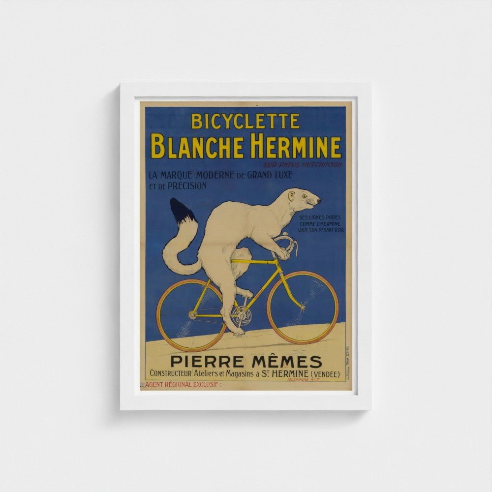 Vintage-style poster of a bicycle with text about Bicyclette Blanche Hermine.