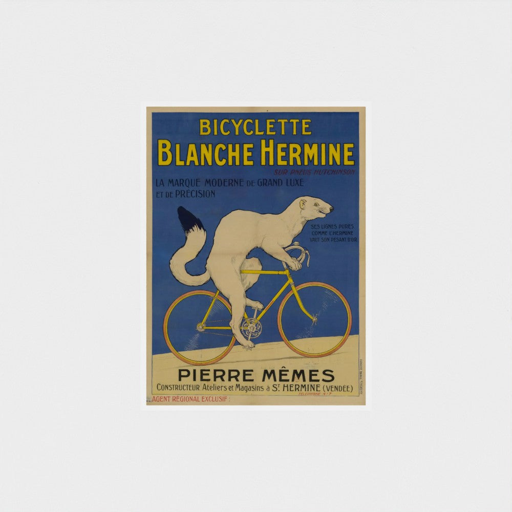 Vintage-style poster of a bicycle with text about Bicyclette Blanche Hermine.
