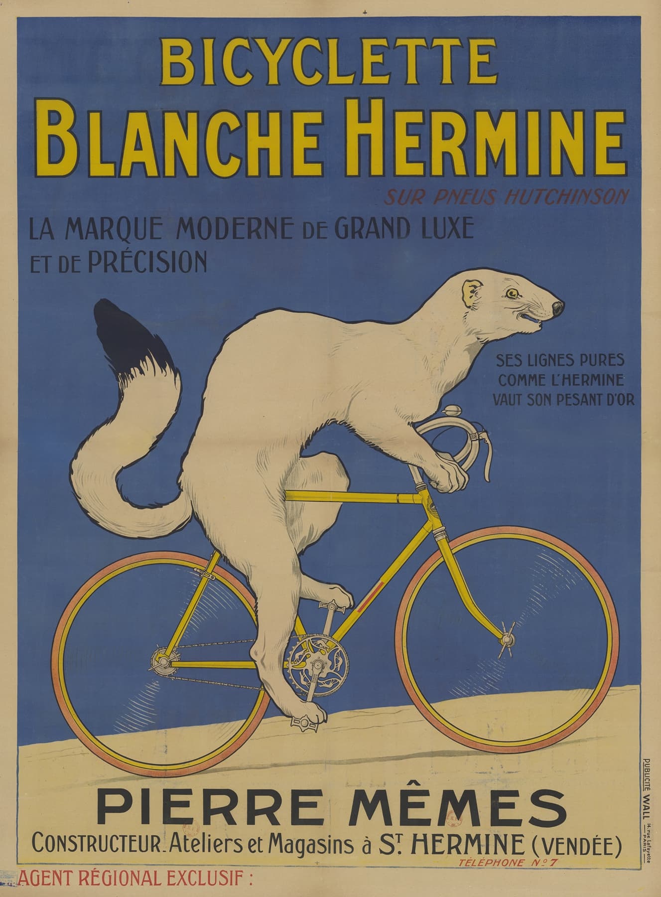 Vintage advertisement for Bicyclette Blanche Hermine featuring a dog on a bicycle.