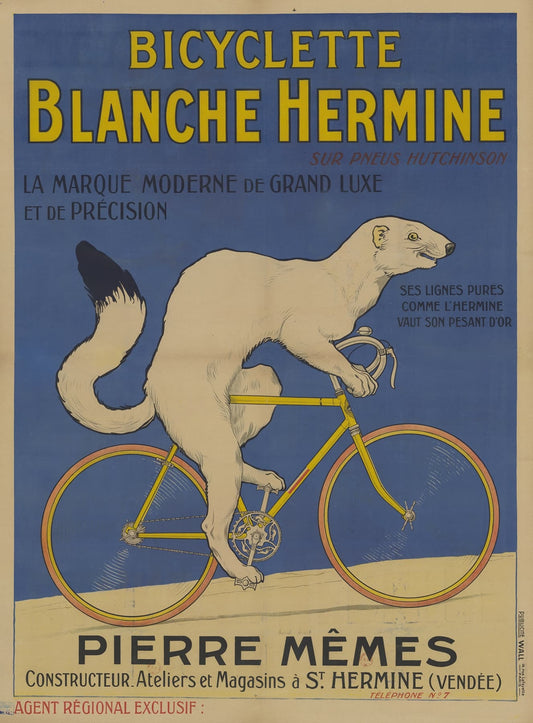 Vintage advertisement for Bicyclette Blanche Hermine featuring a dog on a bicycle.