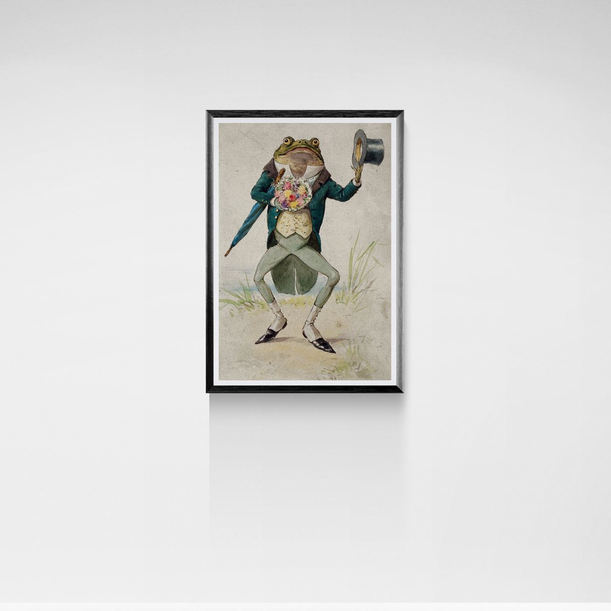Framed artwork of a frog in human-like attire on a white background